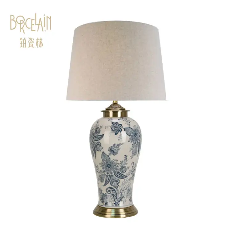 Luminária de cerâmica antiga para sala de estar, estilo chinês, flor azul