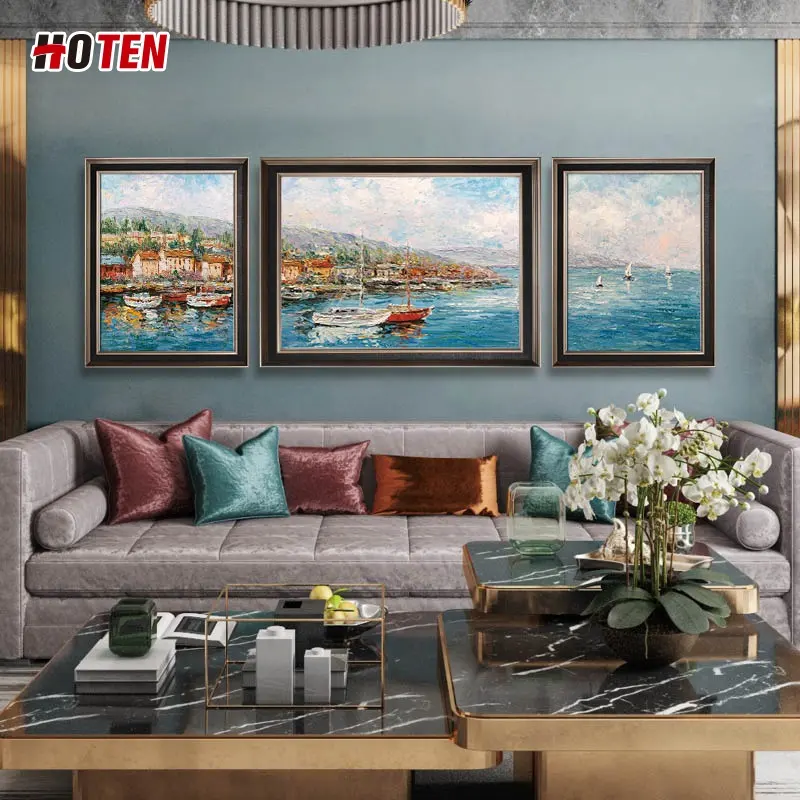 Pintura a óleo pintada à mão, mediterrâneo romântico moderno, sala de estar, sofá, plano de fundo, parede, pintura tripla