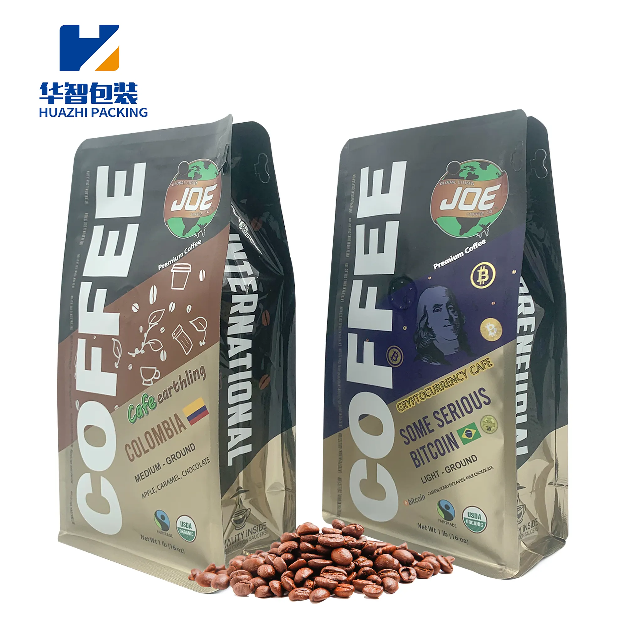 Bolsa de fondo plano de embalaje de polvo de proteína de grano de café de grado alimenticio personalizada de 250g 500g con cremallera bolsa de café embalaje con válvula