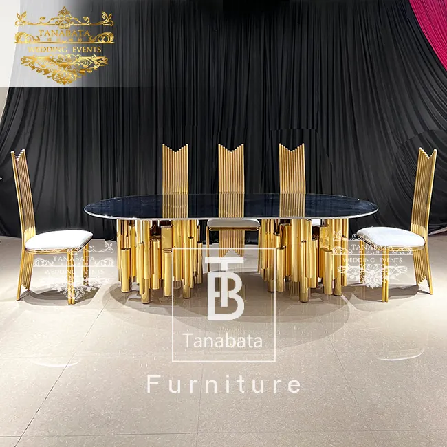 Schwarze Glasplatte Gold Edelstahl Basis Luxus 12-Sitzer Esstisch und Stühle