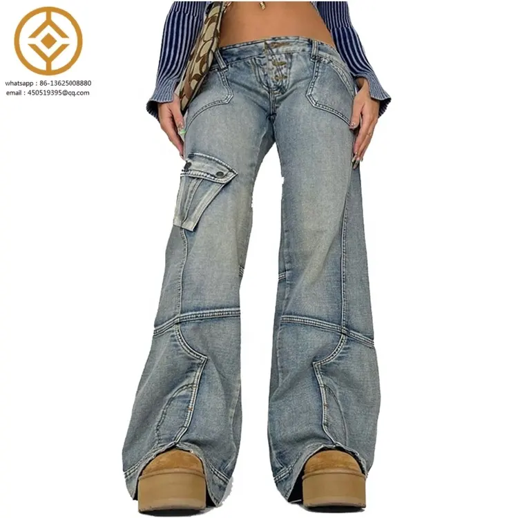 2023 नया डिजाइन अनियमित धुले हुए डेनिम पैंट स्ट्रीटवियर कम कमर ढीली पैंट महिलाओं के लिए फैशन फ्लेयर जींस