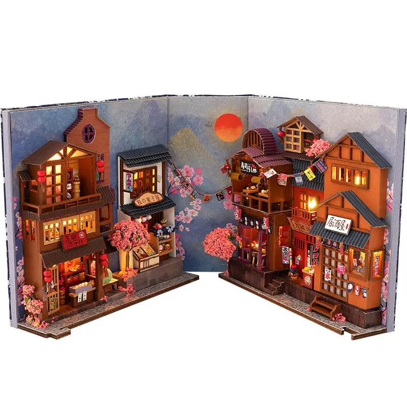 Model Puzzle kayu DIY 3D dirakit rumah buku rak kebisingan kit masukan buatan tangan miniatur rumah boneka mainan untuk hadiah anak-anak