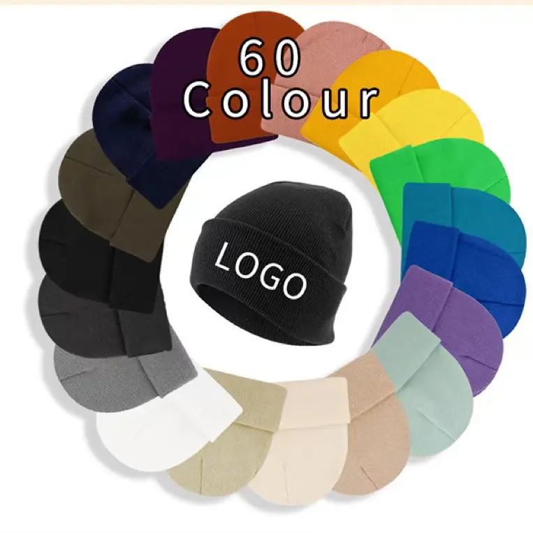 หมวกบีนนี่60สีหมวกบีนนี่หมวกถักสำหรับฤดูหนาวปักโลโก้ได้ตามต้องการ