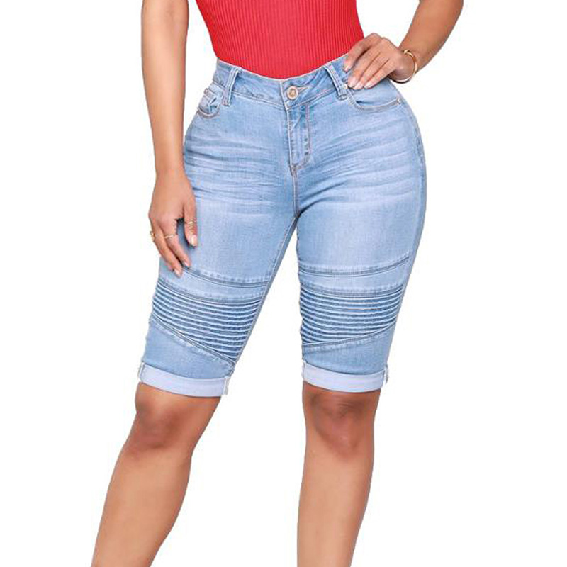 Short en jean stretch bleu clair coupe slim, demi-pantalon