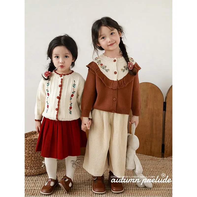 Suéter bordado de vid de flores de ganchillo hecho a mano para niñas Otoño Invierno Color rojo para niños moda lindo Top cálido