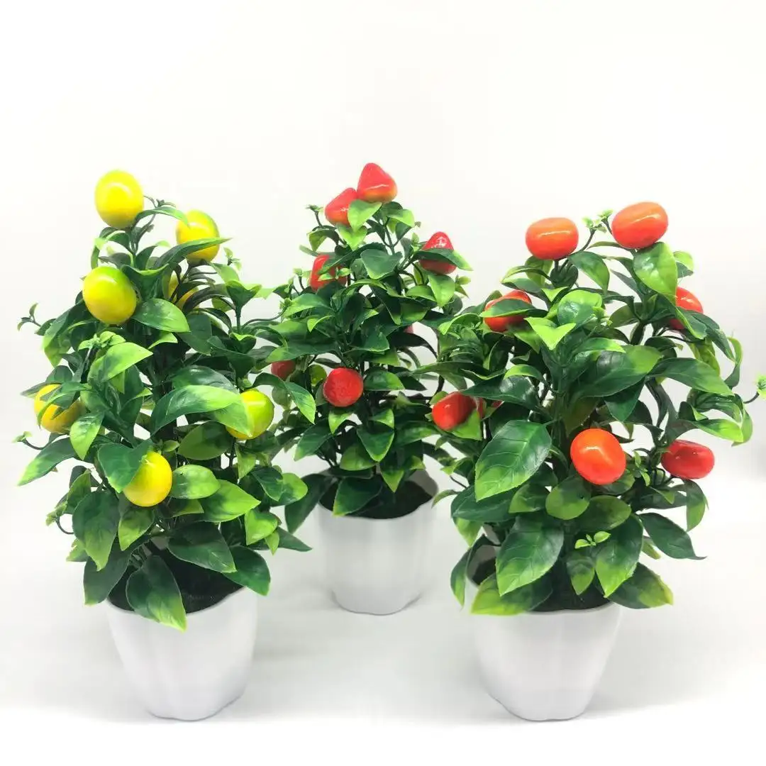 盆栽人工果樹人工レモンツリーピーチオレンジ屋内ホームテーブル装飾用に鉢植えの偽の果物