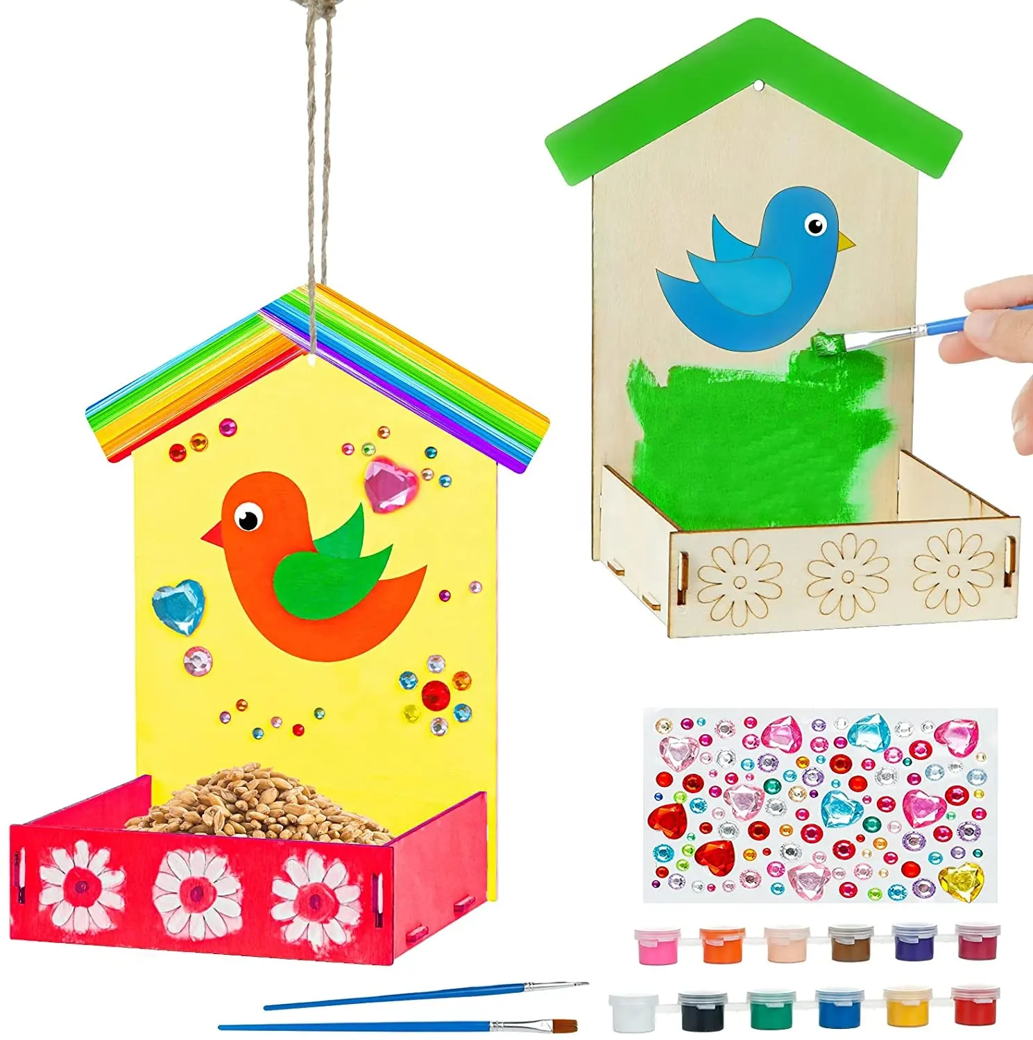Paquete de alimentador de aves para niños, Kit de pintura de madera, artes y artesanías, con pegatinas de diamante, 2 uds.