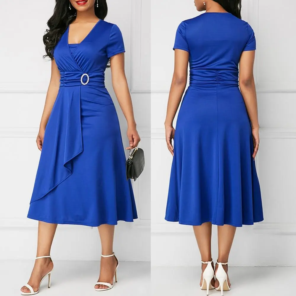 Plus Size Maxi abiti da carriera da donna eleganti manica corta orlo asimmetrico vita stretto Midi Party Dress abiti da sera da donna