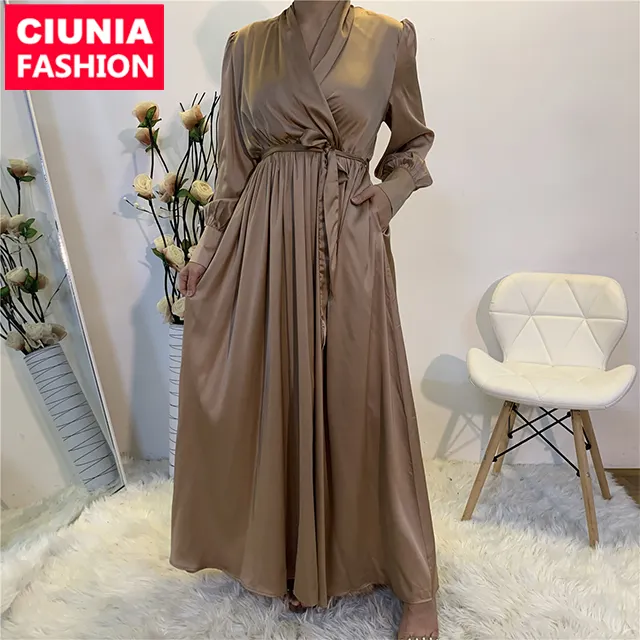 6280 # Thổ Nhĩ Kỳ Thời Trang Mới Satin Vải Mềm Váy Phụ Nữ Hồi Giáo Dubai Abaya Hồi Giáo Quần Áo Maxi Dress