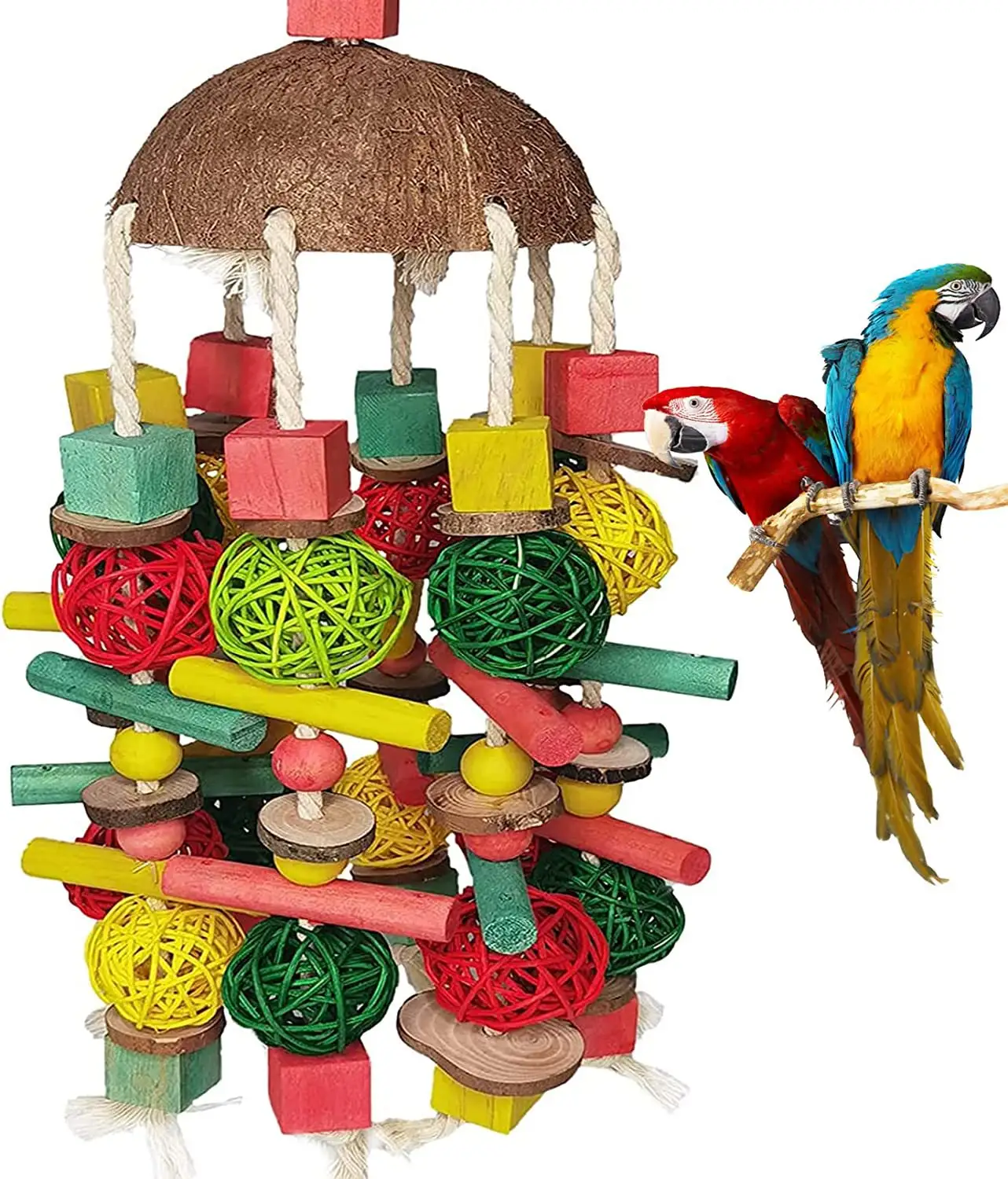 Grote Papegaaien Kauwen Op Speelgoed Kokosnoot Gekleurde Rotan Bal Houten Vogel Speelgoed Huisdieren Accessoires 2023