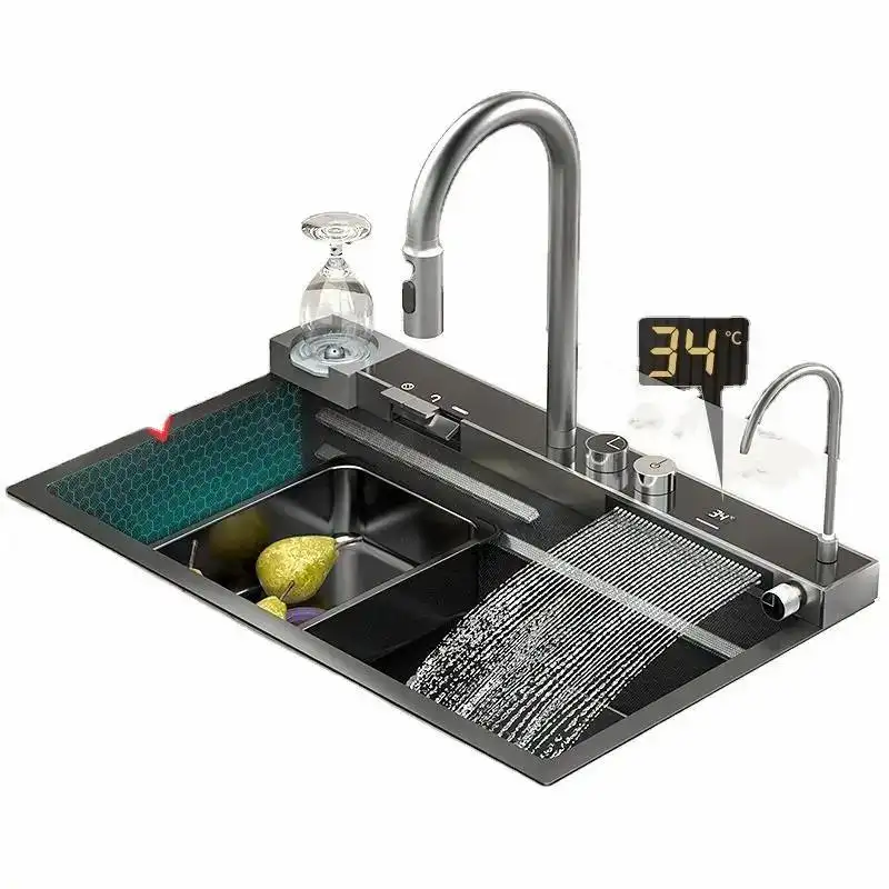 Fregaderos de cocina de acero inoxidable 304 Tiktok Trends, fregadero de cocina de un solo cuenco grande multifuncional, grifo de fregadero de cocina inteligente de lluvia