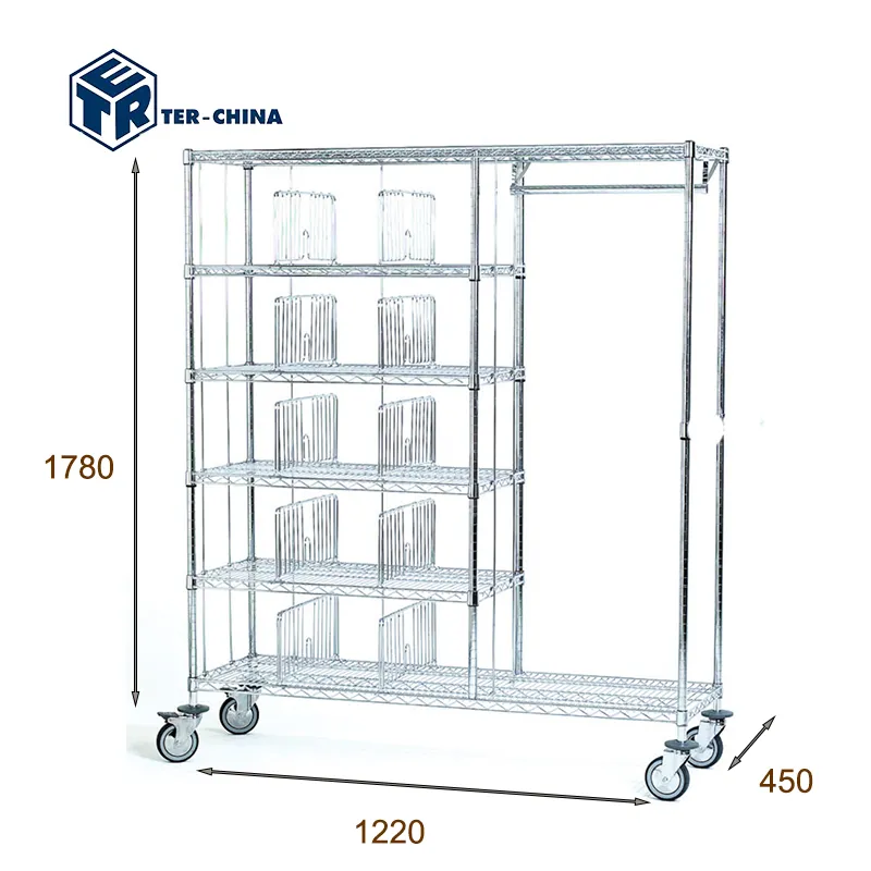 Steel Chromed Shelving Trolley With Dividers For Laundry/Mobile Trolley With Lockers +Wardrote storage shelf trolley