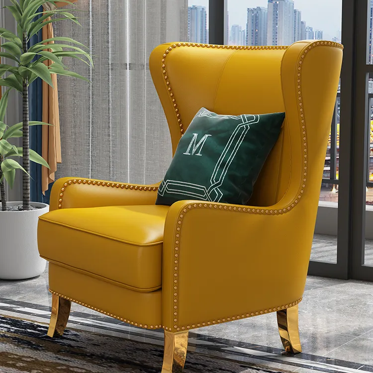 Moderno design sala de estar móveis, madeira sólida ouro aço inoxidável perna braço de couro alça traseira alta cadeiras