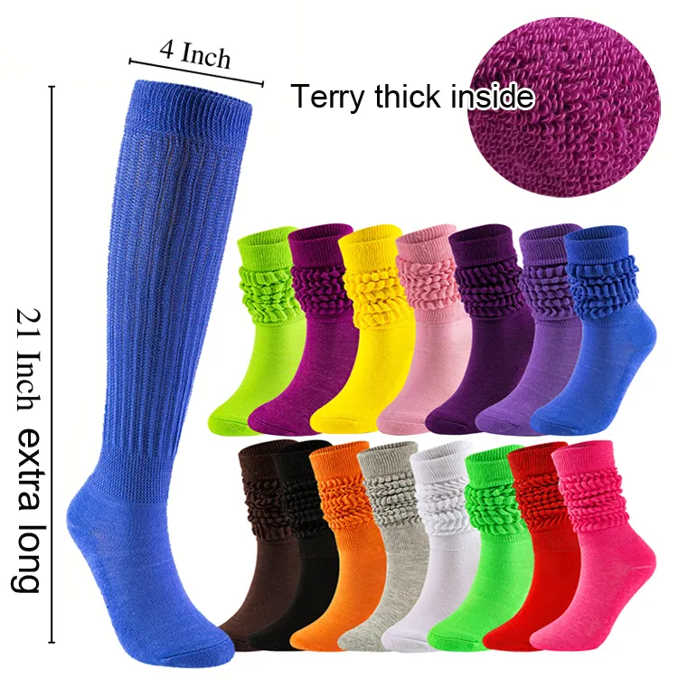 21 inch extra long Good quality women's knee high sleep ruffle scrunch boot cotton loose custom slouch socks at any length