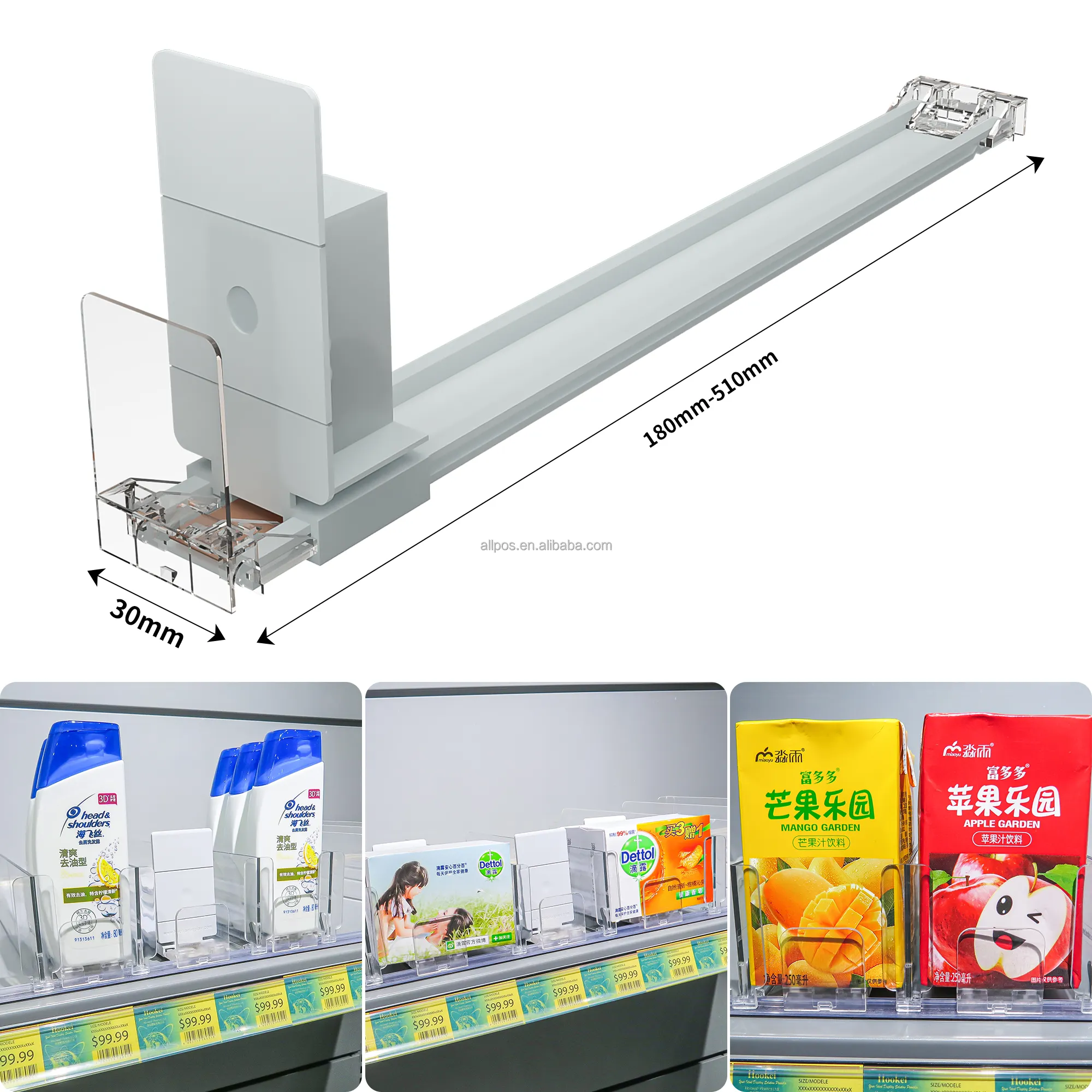 Bandejas de exposição com mola ajustável para supermercado, sistema de empurrador de prateleira de plástico