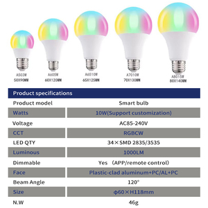 10W E27スマートRGB LED電球ランプSMD光源付きAlexaとGoogleスマートホーム対応 - Product Image 5
