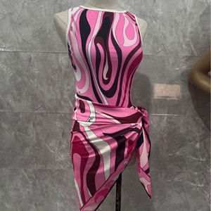 CSMT-PU05 yeni stok seksi kadın tasarımcı tek parça mayo plaj için Sarong çiçek çizgili desen İpli baskı bant adı - Product Image 4