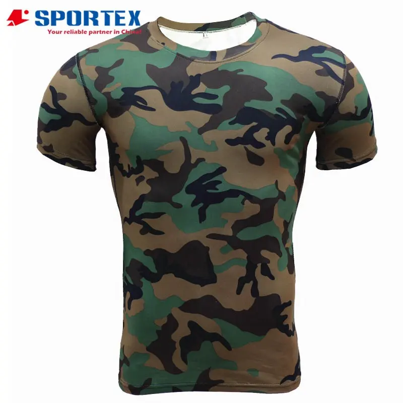 Camiseta de compressão camuflada para academia, camiseta verde exército para compressão, costura lisa