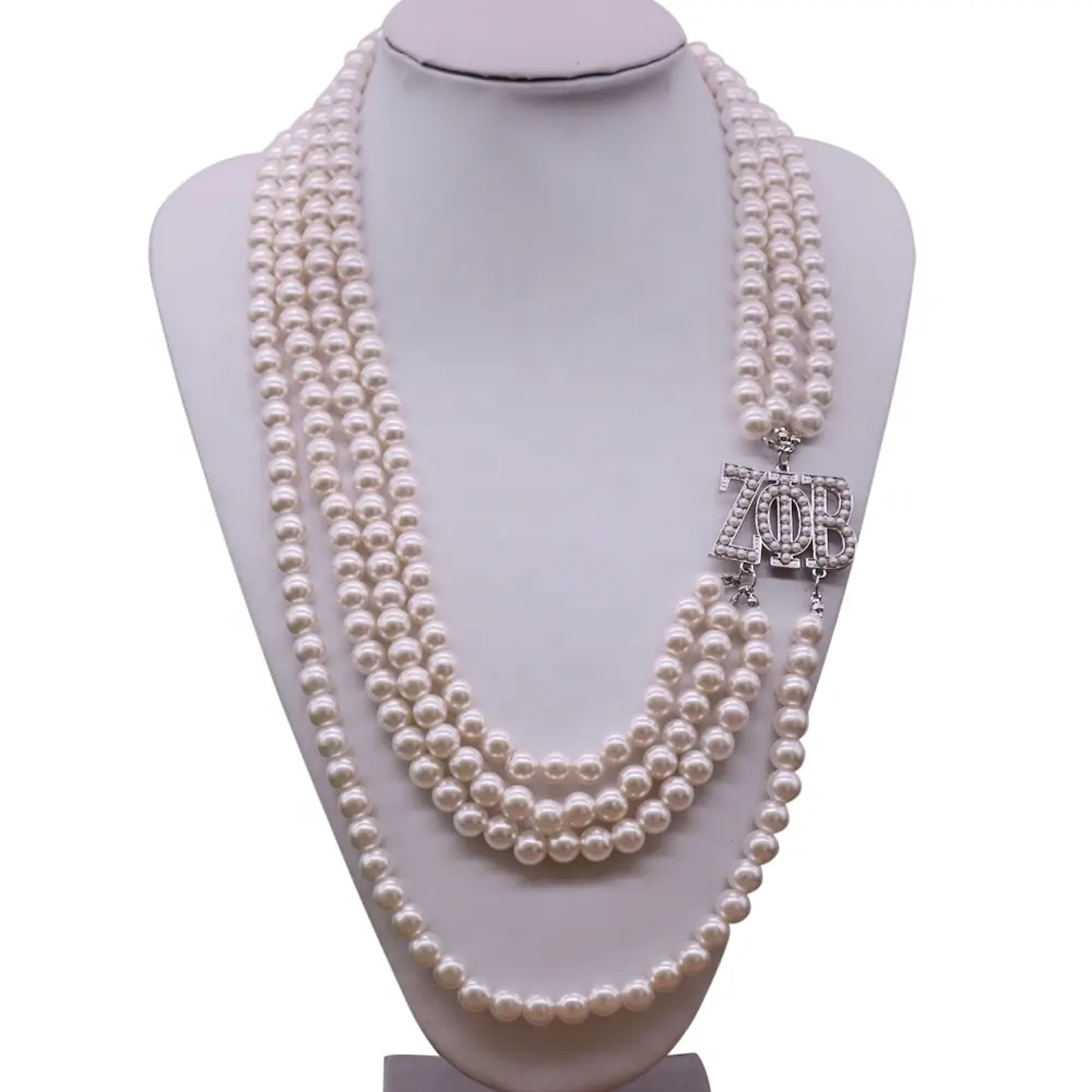 Venta al por mayor multicapa ABS collar de perlas letra griega ZETA PHI BETA sorority declaración largo collar de perlas