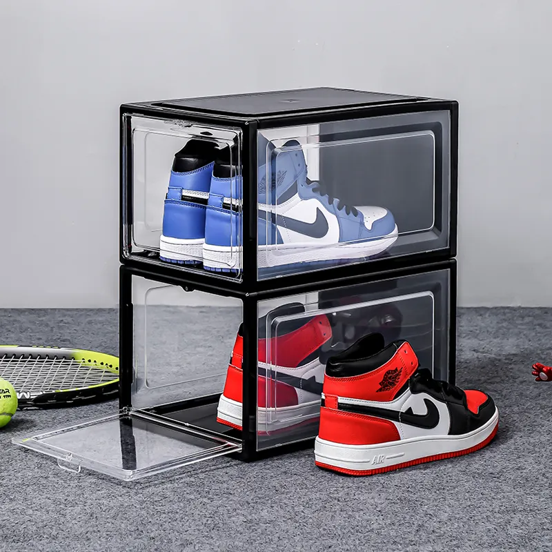 Scatola di scarpe di plastica impilabile magnetico anteriore trasparente scarpa scatola di immagazzinaggio contenitore trasparente personalizzato jordan scatola di caso di scarpe della scarpa da tennis