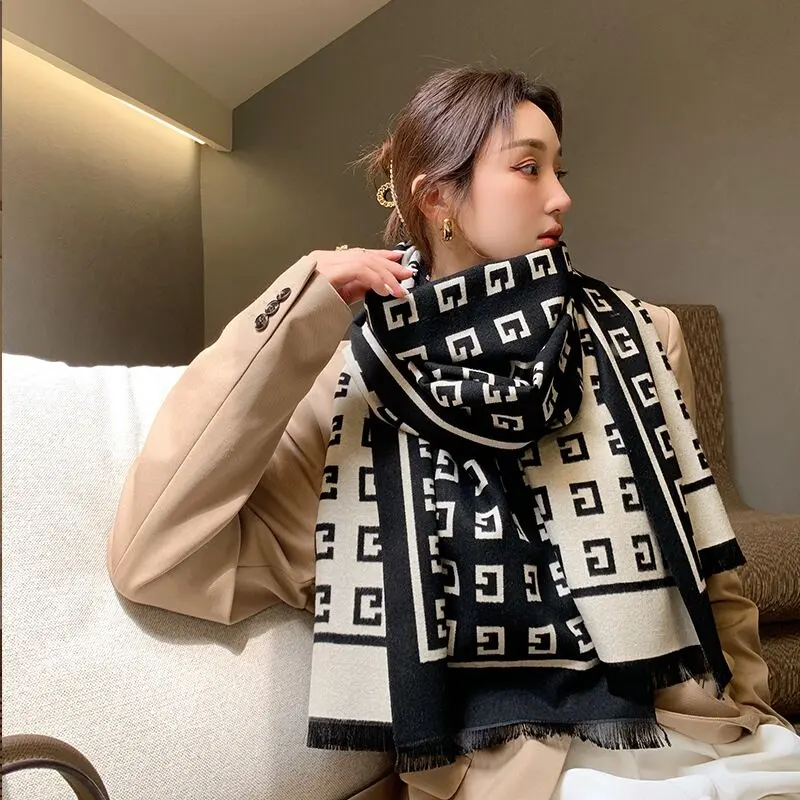 Quality winter warm scarf knitted cashmere hijab women's thickness shawl factory double-side wear cotton cashmere scarf