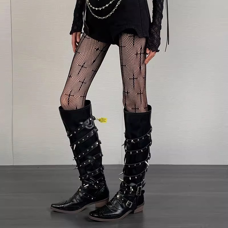Cross flower fishnet stockings black