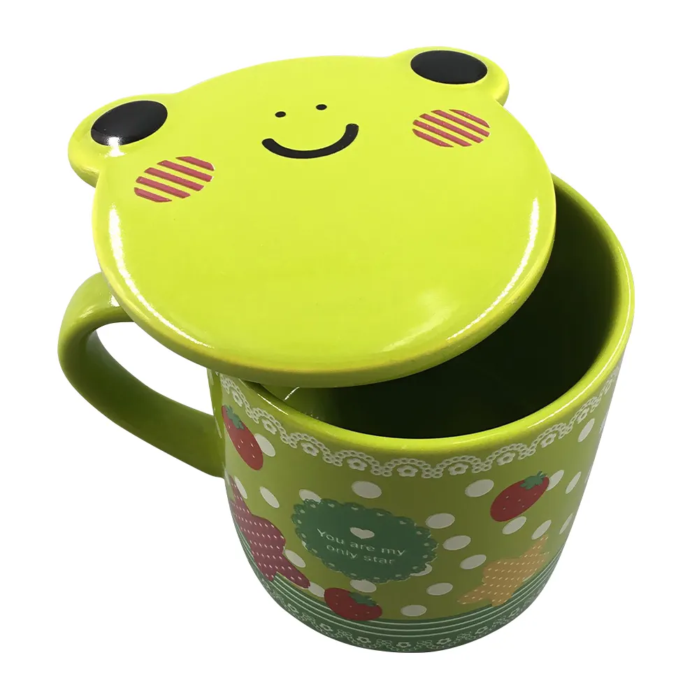 Taza de cerámica clásica con tapa de rana verde, taza de café de buena calidad, fabricación China