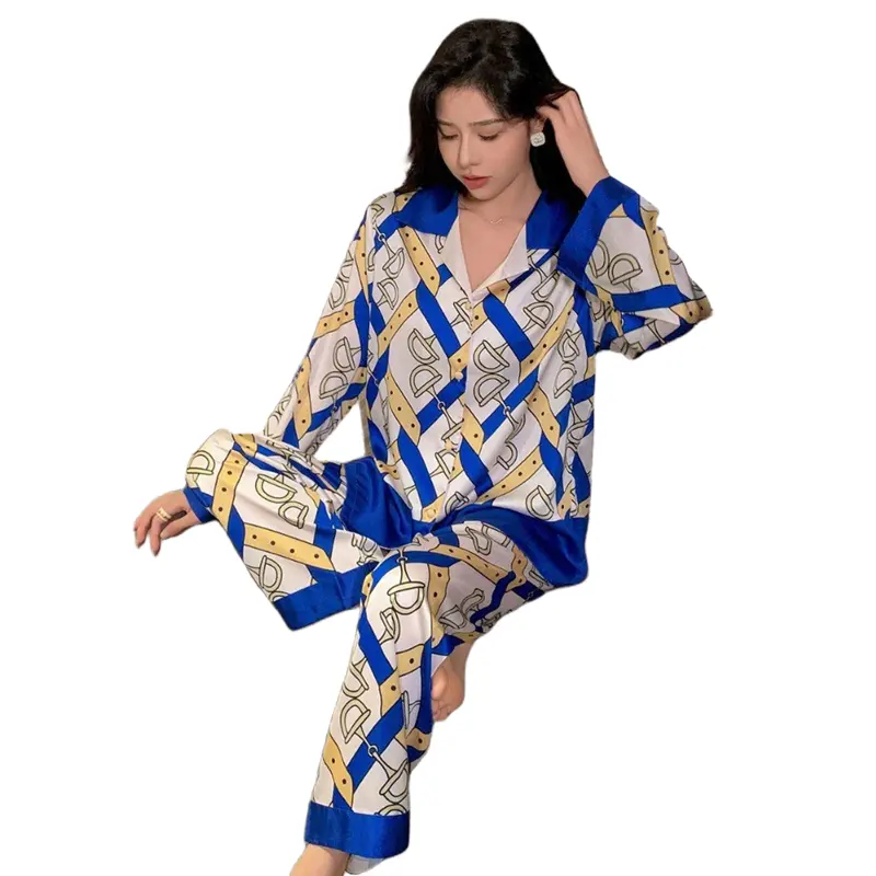 Fashion Print party Custom Ladies silk pajama set Design sleepwear two-piece set women's plus size nightgown satin home wear