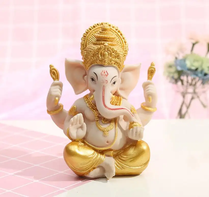 NUOVO DISEGNO ELEFANTE INDIANO DIO SEDUTA IN RESINA ORO ELEFANTE GANESH DECORAZIONE del TEMPIO TAVOLO BUDDISTA INDIANO ANTICO GANESH DIO