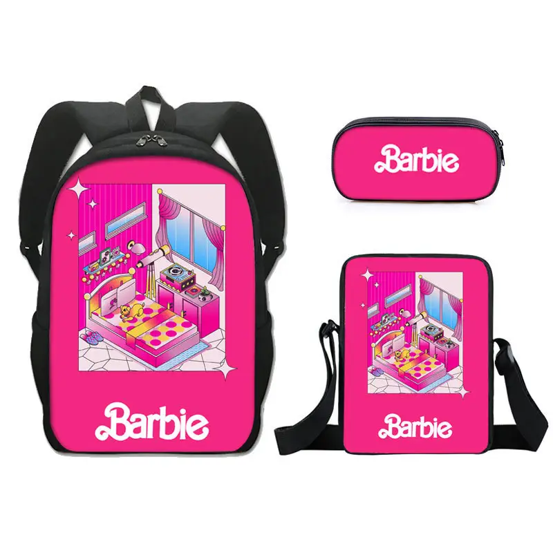 Nova Barbie Princesa Escola Bag Três Peças Barbie Poliéster Camada Única Pen Bag Saco Pequeno Corpo Mochila das Meninas