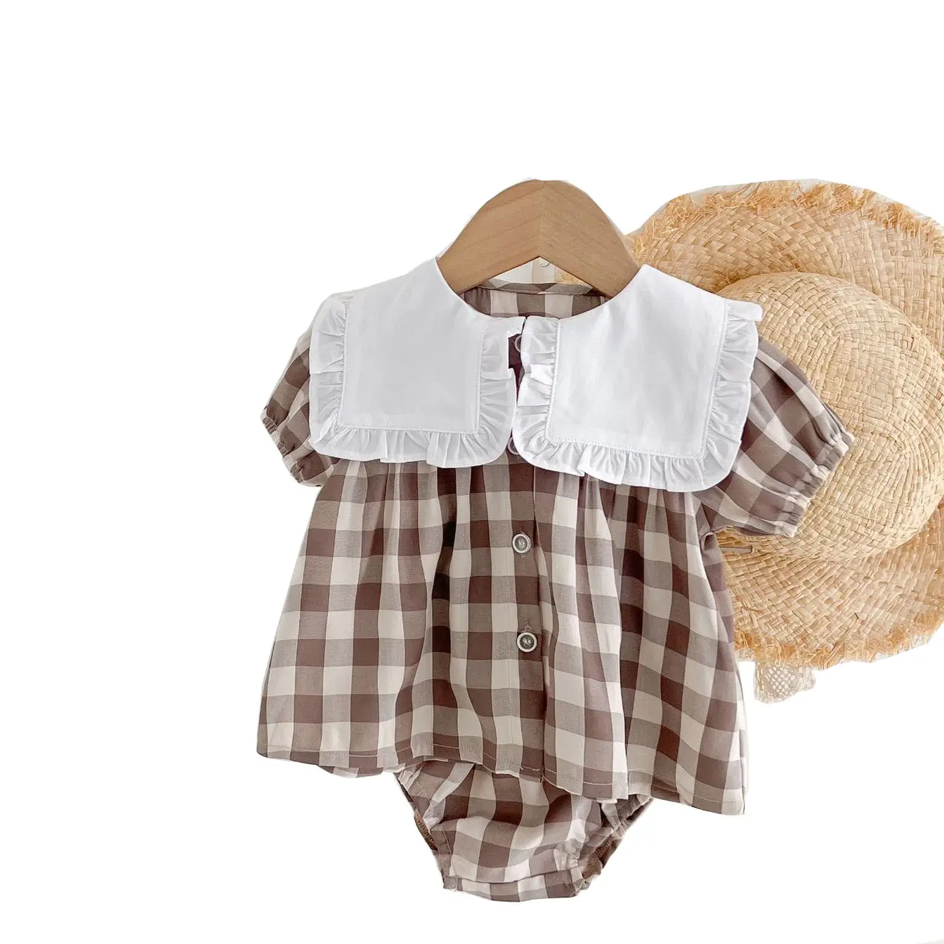 Pagliaccetto estivo per bebè manica corta stampa scozzese marrone abbigliamento Casual tute in cotone per bambini appena nati Baby