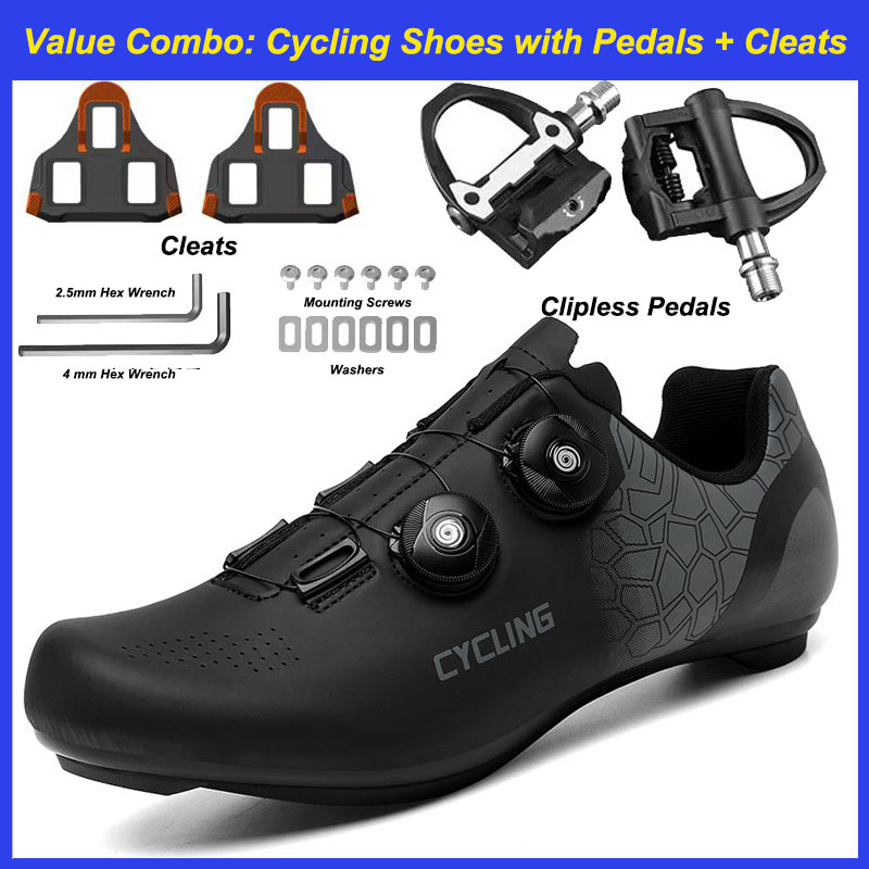 Chaussures vélo de route noires + Pédales clipless + Crampons