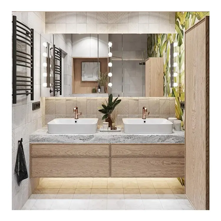 Hotel de lujo de diseño moderno 12 20 42 70 pulgadas flotante montado en la pared MDF PVC baño Gabinete de la vanidad conjunto con espejo del fregadero
