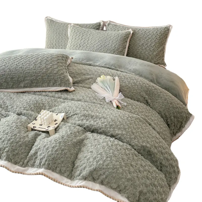 Rose Rabbit Fur Comforter 4 sets Milk Velvet Bed with Sheets Duvet Covers Pillowcase Polyester