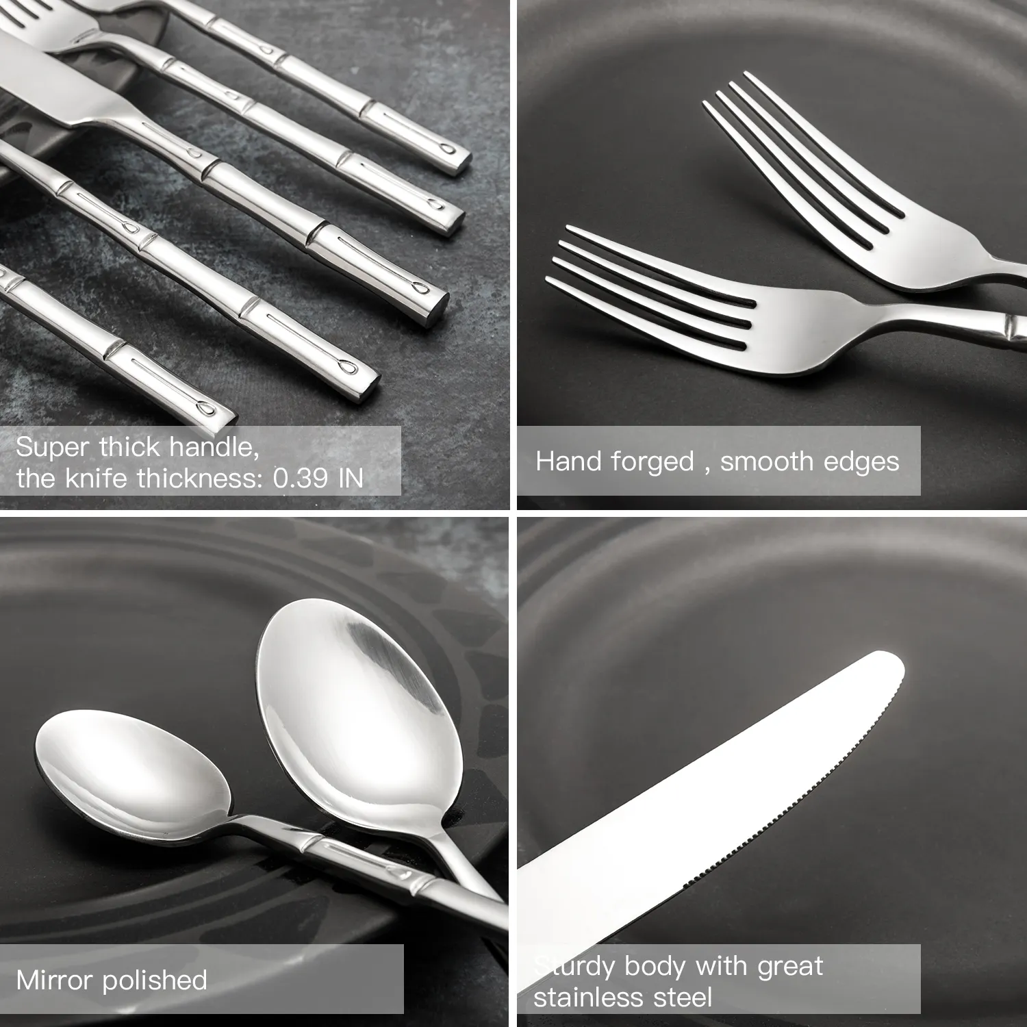 Di alta qualità 5 pezzi coltello forchetta cucchiaio per matrimonio hotel ristorante stoviglie in argento di bambù posate