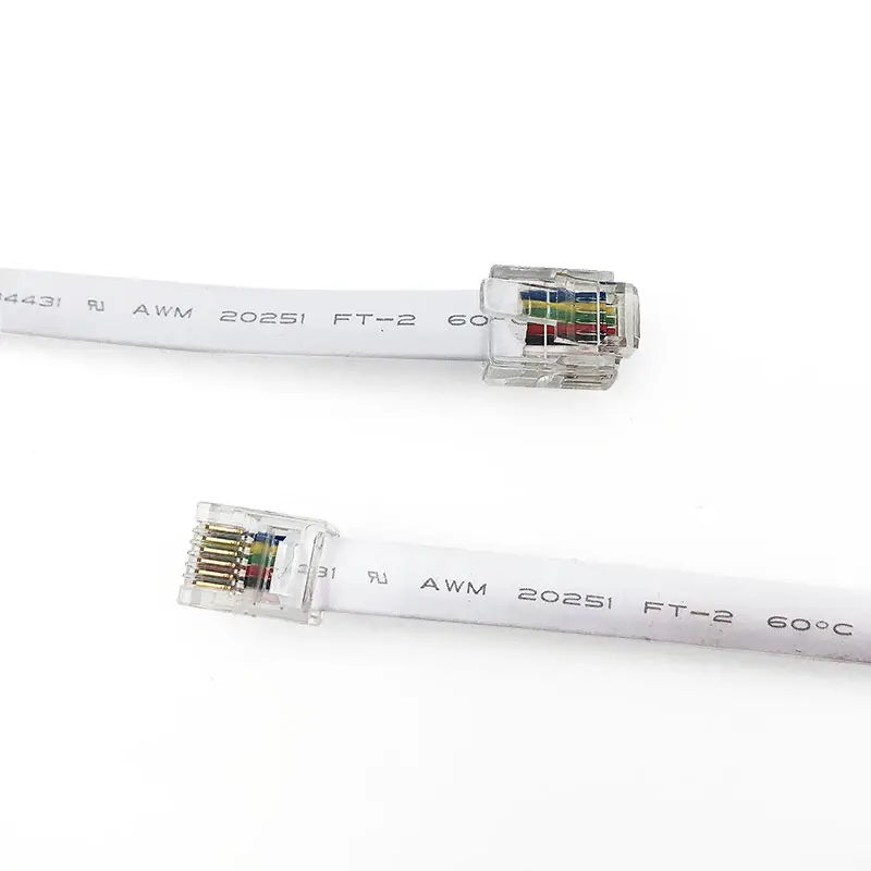 Cable de teléfono UL20251 de 6 núcleos, conector RJ12, extremos de PVC, chaqueta blanca, línea de conexión plana RJ25