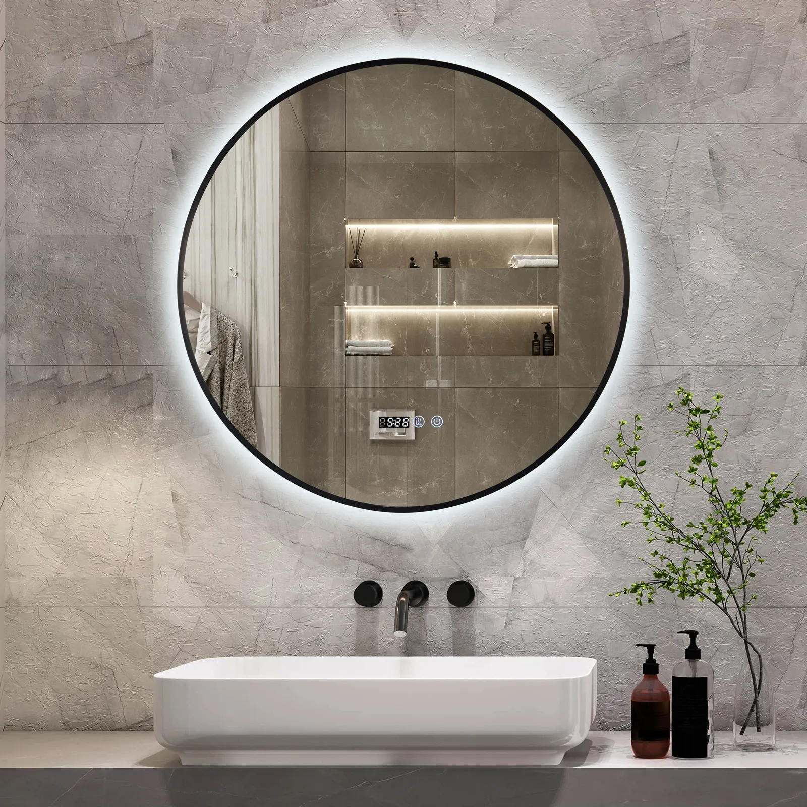 Espejo de pared redondo de gama alta personalizado, espejo de maquillaje de baño inteligente LED de baño moderno plateado con luz