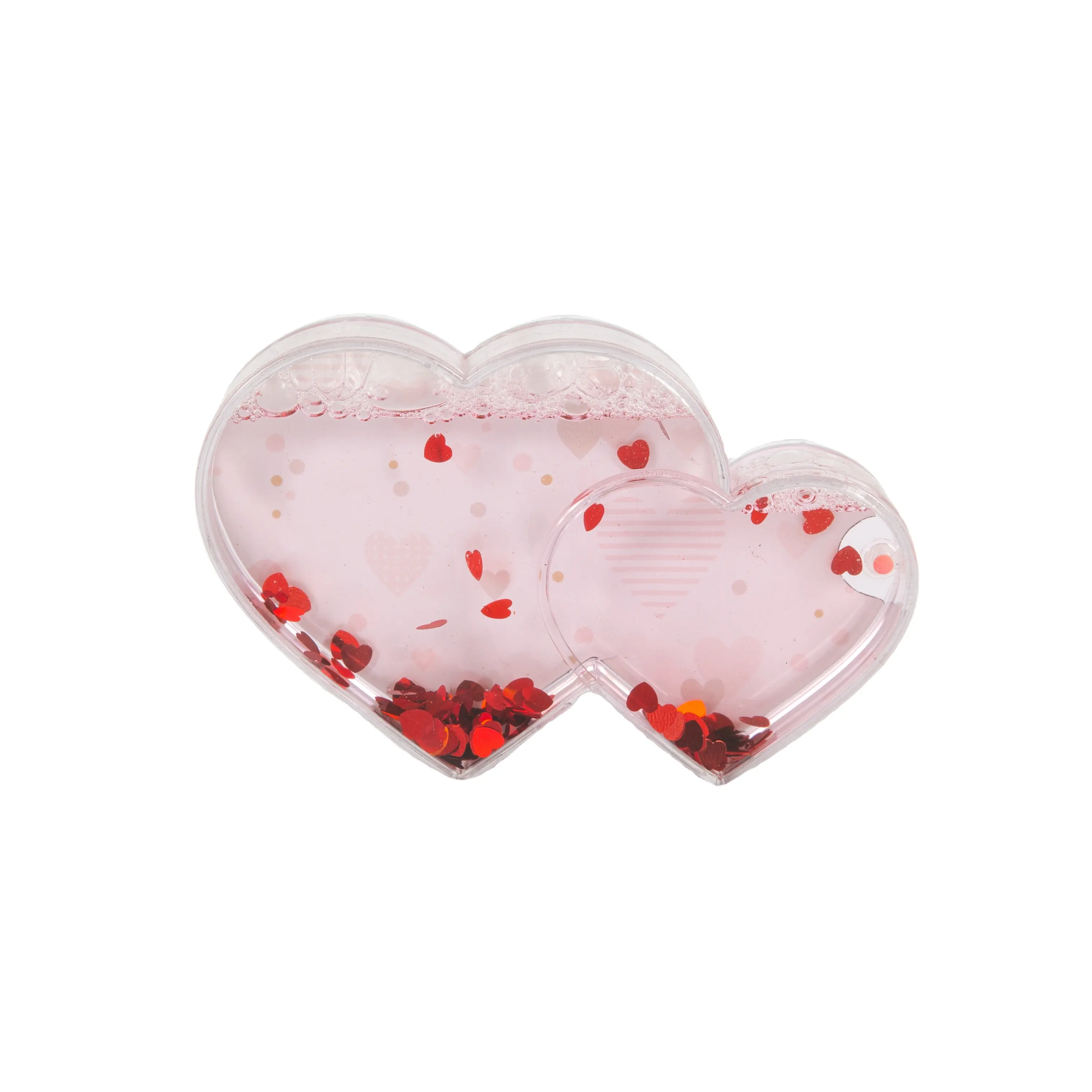 도매 사용자 정의 로맨틱 레드 작은 스팽글 두 하트 모양의 액체 떠 다니는 발렌타인 데이 사진 프레임