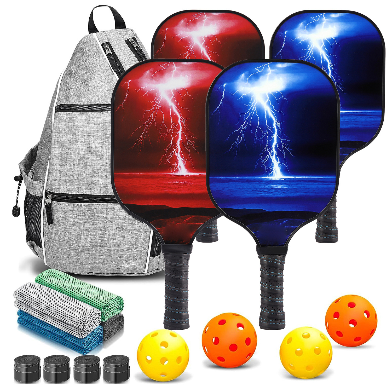 4 raquettes + 4 balles + 4 serviettes rafraîchissantes + 4 grips + 1 sac
