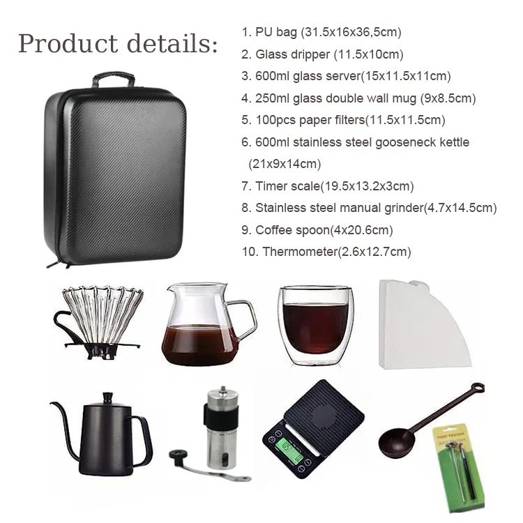 Juego de regalo para cafetera, todo en 1, accesorios para café, herramientas, hervidor de cuello de cisne de acero inoxidable 304 con bolsa de viaje para café