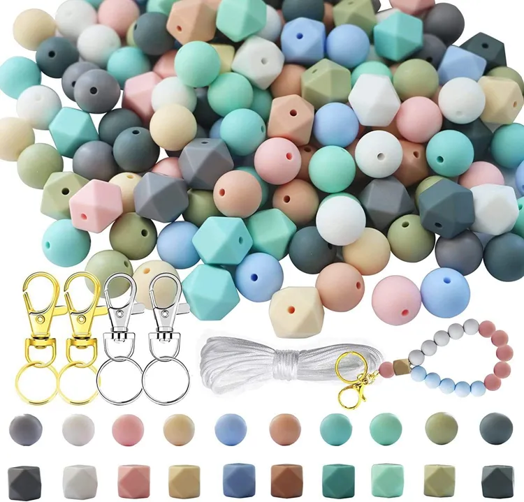 Solid or printed 15mm silicone beads keychain pen beads charms diy beads for jewelry bracelet making