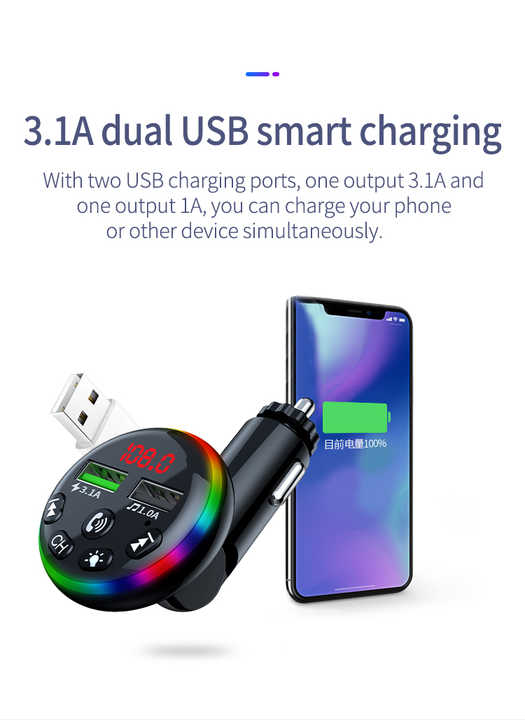 7-Colors LED Backlit Portable Car MP3 Player 3-Way Play Car Charger Wireless USB Drive TF Card 5.0 for Bluetooth Connection
