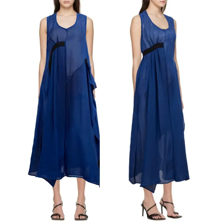 Enyami-vestido Midi de chifón sin mangas para mujer, vestido femenino de chifón clásico y minimalista, diseño urbano elegante, Color Azul Marino
