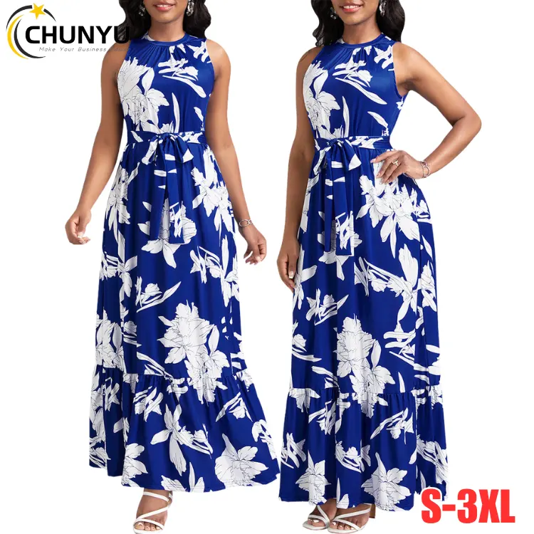 Mujeres Casual Slim Fit Floral Impreso Cuello redondo Sin mangas Cintura alta Maxi Vestido Flowy Big Swing Vestido de fiesta