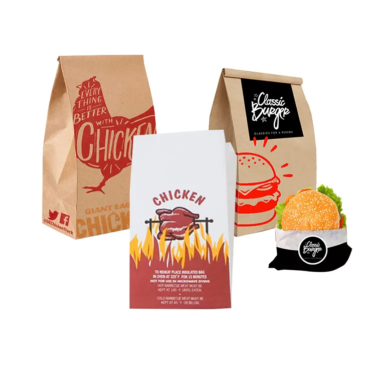 Özel baskılı Take Away yağlı kaplamalı kağıt kızarmış Fast Food sandviç Burger kızartma tavuk paketleme çantaları