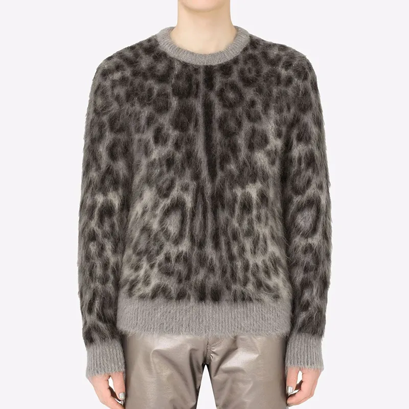 Leopard manga comprida jacquard malha personalizado pulôver fuzzy lã mohair blusas malha malhas tripulação pescoço camisola mohair para homens