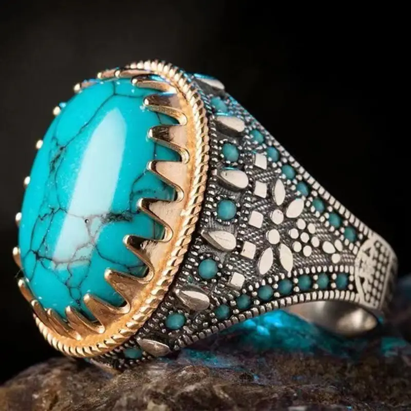 2022New Fashion Ring Boy regolabile ripristino modi antichi anello turchese intarsiato anello in lega Fine Finger Jewelry Ring