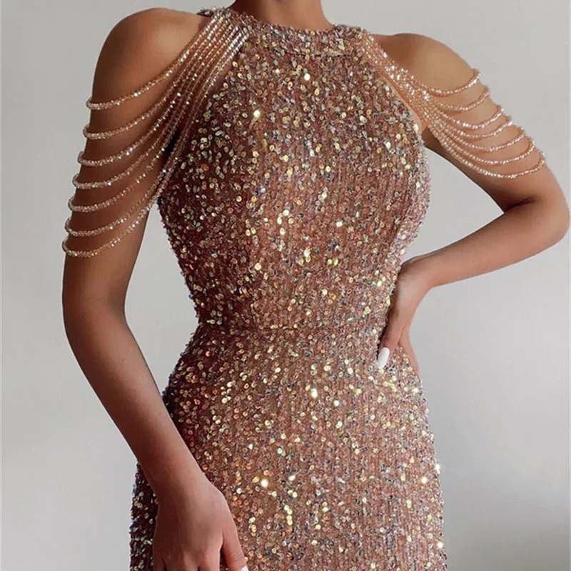 Новинка 2023, модное сексуальное платье с блестками и кристаллами, вечернее платье со средней талией и открытыми плечами
