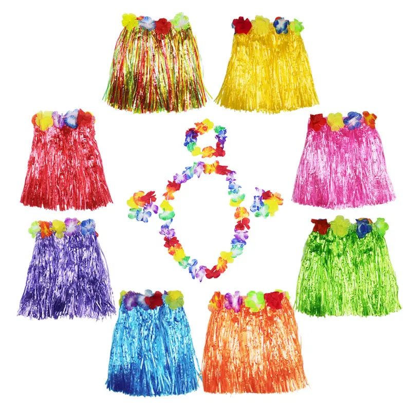 Multicolor Hawaiian Luau Hibiscus Green Silk Faux Flowers Hula Grass gonna per feste in Costume, compleanni, celebrazioni