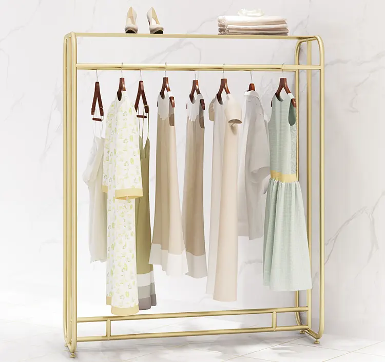 Toptan modern özelleştirilmiş ekran standı perakende metal asılı elbise ekran raflar, konfeksiyon mağazası mobilya altın/kıyafet rafı